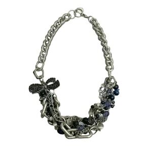 Chunky Silver Tone Chain Statement Necklace w Black‎ Beaded Bow Pendant
